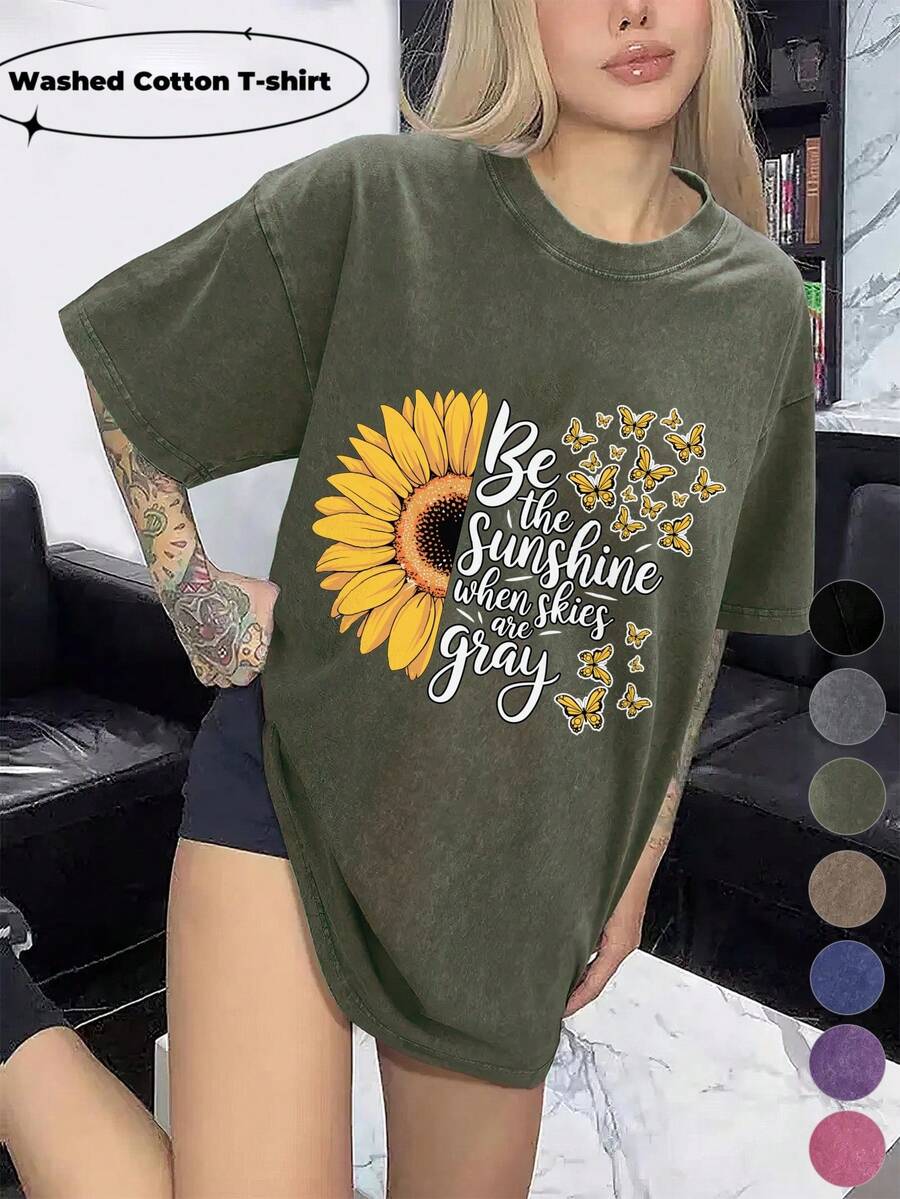 Women's Washed Cotton T-Shirt Be-The-Sunshine-Sunflower Painted Design Soft And Breathable Fabric, Machine Washable Spring And Summer Daily Stylish Tops The Best Gift For A Friend