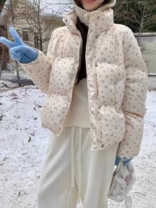 Winter Women Casual Loose Puffer Jacket Long Sleeve Floral Printed Stand Collar Short Pockets Padded Coat Korean Fashion Party Coats Christmas Outerwear Female Clothes Birthday Outfits