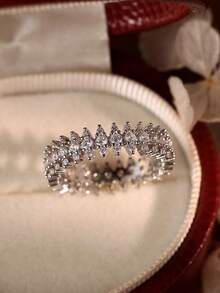 Anel de diamante microincrustado em forma de ferradura, joia fashion feminina com zircônia cúbica superbrilhante, banhado a cobre puro e ouro branco, adequado para casamento, festa e presentes de fim de ano - Espinélio de prata - Ver 5