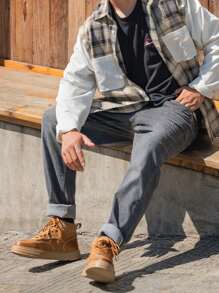 CAMEL CROWN 男士运动休闲鞋，秋冬季牛皮高帮厚底靴，复古休闲工装靴，高帮帆布鞋。