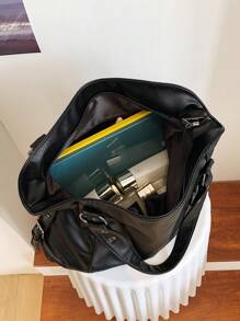 "Vintage Women's Shopper With Shoulder Strap - Grained Leather With Rivets & Zipper - Retro Style (Office, University, Travel) - Generous Capacity For Schoolgirls, Students & Professionals", New Arrival Tote Bags For Woman