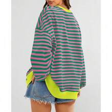 Womens Oversized Striped Sweatshirt Crewneck Long Sleeve Pullover Top Casual Y2K Spring Clothes 2026 Workout Shirt,Vacation Outfits Women,Valentine Outfits For Women,Street Photography - 粉紅綠色 - 查看 2