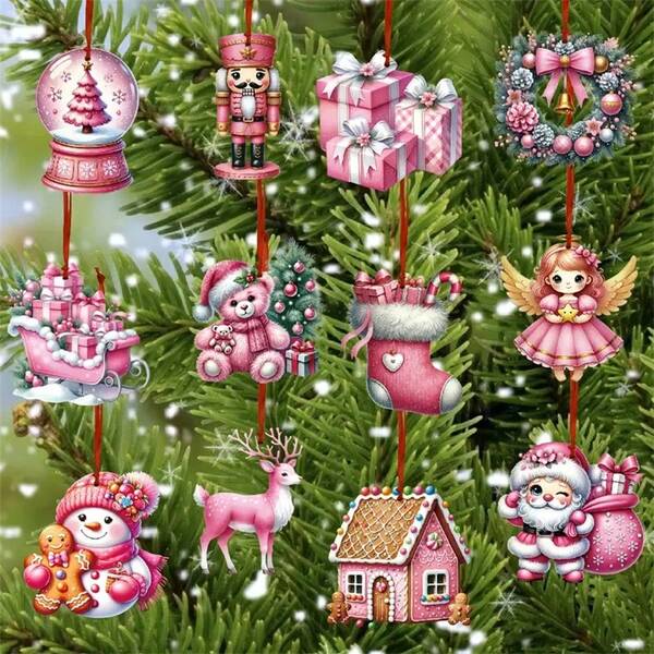 12/24 piezas Decoraciones navideñas rosas - Colgantes de papel, gotas y adornos superiores, con varios diseños festivos, para decorar el árbol de Navidad - Decoraciones tradicionales no eléctricas para días festivos, con cintas adjuntas
