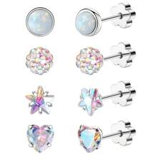 4 对 18K 金钛钢真空电镀耳环，镶嵌 5 毫米彩色锆石和蛋白石，适合女孩和女士的软骨穿孔、日常和节日佩戴 - 4對 - 查看 2