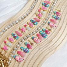 24Pcs Summer Pr On Nails Medium Square Fake Nails With Pearl Rhinestones Designs Gold Starfish Seashell Glue On Nails 3D Flower Acrylic Nails Beach False Nails French Tip Stick On Nails For Women - Móng tay đại dương-13 - Xem 3