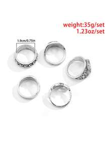 5件套复古金属戒指套装，男士款，图腾几何设计戒指，闭口戒指形状，随机搭配 - 復古銀色 - 查看 3