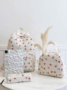 New Youth Schoolbag Corduroy Cherry Print Elementary Middle High School Student Laptop Backpack