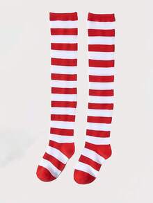 1双红白条纹加厚过膝长袜，冬季长袜，适合万圣节、圣诞节及各种节日穿着 - 紅色 - 查看 5