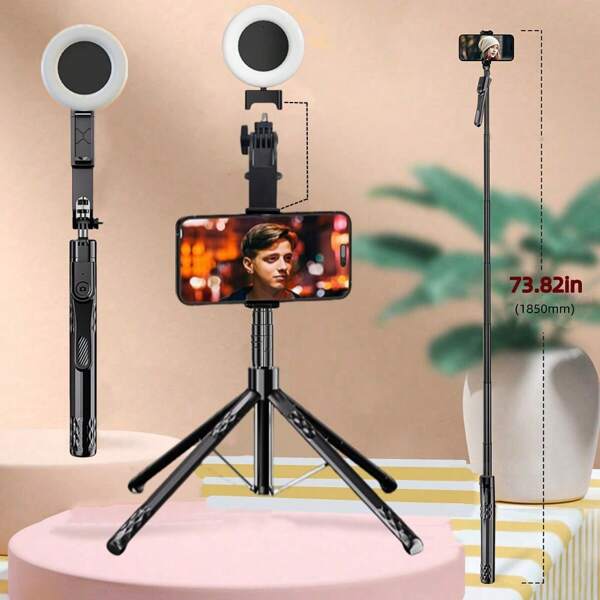 185cm Professional Selfie Stick Stable Tripod, Portable Travel All-In-One Hidden Design, Extendable Aluminum Alloy Super Long Rod & Cold Shoe Port, 360° Rotation Phone Stand With Wireless Remote For IPhone And Android Phone Selfies, Video Recording, Vlogging, Live Streaming