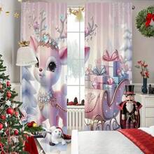 2pcs Modern Jacquard Polyester Curtain, Pink Reindeer Christmas Theme, Thermal Rod Pocket Window Curtain, Suitable For Bedroom And Living Room, Machine Washable, Including Holiday Home Decor Lining Christmas Decorations Christmas Decoration Christmas Decorations Home Room Decor - Multicolor - View 4