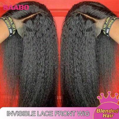 28英寸Yaki直发混纺真人发假发，13x4高清蕾丝闭合假发，自然发际线，微卷直发，略微预先拔毛，带婴儿绒毛，自然黑1B色，适合女性日常佩戴