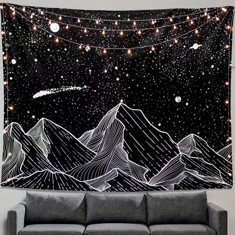 Local Shipping 2025 New Black And White Tapestry Starry Night Mountain Tapestries For Bedroom Aesthetic Moon And Stars Tapastry's Wall Hanging Dark Nature Forest Wall Tapestry For Living Room Dorm (48'' * 36'') - 黑暗的 - 查看 1