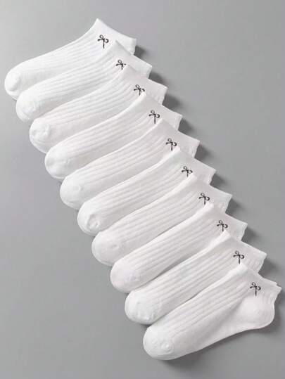 10 Pairs White Bow Socks, Simple And Elegant Japanese Clown Casual Style, Comfortable And Breathable, Suitable For Sportswear