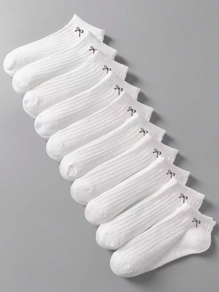10 Pairs White Bow Socks, Simple And Elegant Japanese Clown Casual Style, Comfortable And Breathable, Suitable For Sportswear