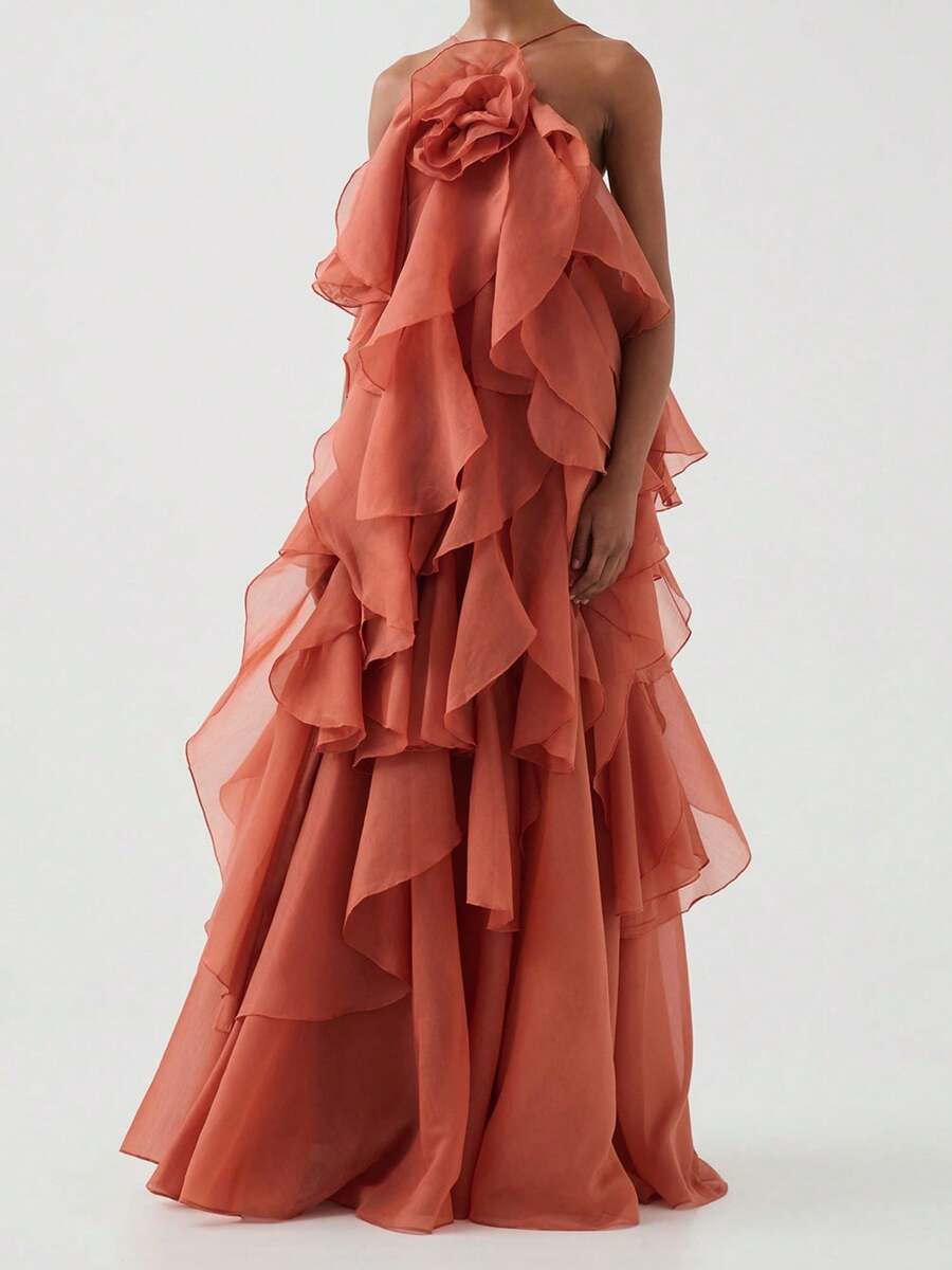 Women Summer Sleeveless Dress 3D Flowers Irregular Ruffles Backless Party Dress For Vacation Cocktail Beach Streetwear - trái cam - Xem 1