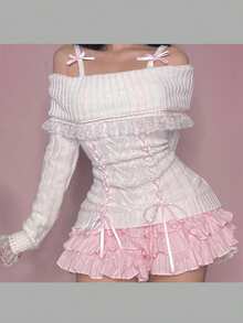 Y2k Off The Shoulder Sweater For Women Lolita Cute Bow Front Lace Trim Knit Pullover Kawaii Long Sleeve Jumper Tops - trắng - Xem 1