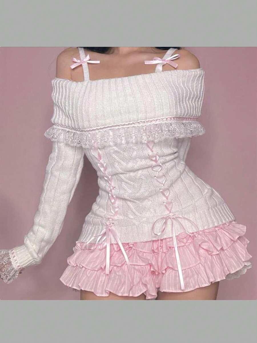Y2k Off The Shoulder Sweater For Women Lolita Cute Bow Front Lace Trim Knit Pullover Kawaii Long Sleeve Jumper Tops - trắng - Xem 1