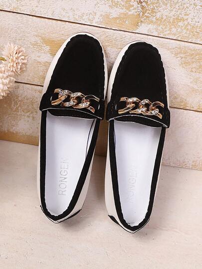 1 Pair Girl's Black Flat Shoes, Solid Color Fabric Material With Pull Tab & Rhinestone Design, Round Toe Casual Slip-On Flats Suitable For Leisure, Travel, Vacation, Autumn 2025 New Arrival