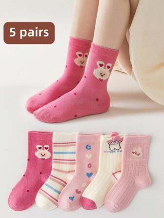 5 Pairs Children's Socks, Soft Cartoon Rabbit Decor Mid-Calf Socks For Girls Aged 1-12, Princess Style Long Socks, Spring/Summer