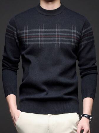 Men's Thick Round Neck Sweater, Business Casual Jacquard Knitted Long Sleeve Pullover, Suitable For Layering Or Outerwear, Autumn/Winter