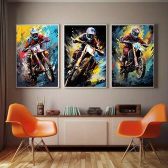 3 Sets Of Dynamic Off-Road Motorcycle Canvas Prints - Vibrant Frameless Wall Art Suitable For Boys' Bedrooms, Modern Minimalist Style, Indoor Use, Vertical Orientation, Motorcycle Decoration