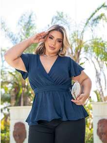 Women's Plus Size Wrap Top V Neck Elegant And Comfortable Simple Fabric Ruffle Hem Evening Holiday Daily Birthday Party Homecoming Bachelorette Party Travel Tea Party Country Music Concert - 藏蓝色 - 查看 2
