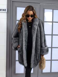 Ladies' Loose Coat, Fox Fur Imitation, Winter Jacket, Women's Plus-Size Clothing, Rolled-Up Sleeve Coat,Mantel