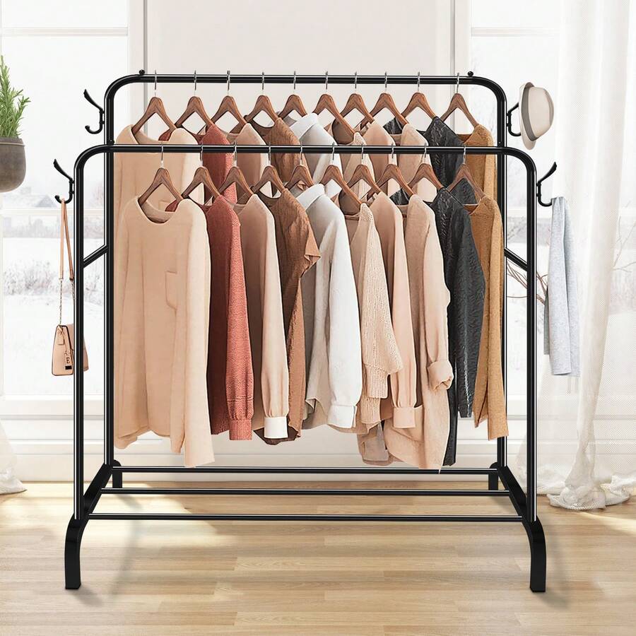 Lislark Double Clothes Rail Rack Heavy Duty Storage Shelf Garment Hanging Display Stand(Black/White) - Black - View 1