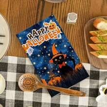 Set de 2 toallas de cocina de Halloween, 40cm*60cm - Toallas de cocina con temática de Halloween con estampados de cielo estrellado azul, gato negro y calabaza, adecuadas para la decoración del hogar en días festivos, toallas de platos de poliéster, excelentes para el hogar, el baño y la decoración de fiestas