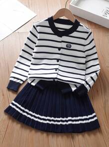 New Fashion Sweater Cardigan & Skirt 2 Pieces Set, Preppy Style For Older Tween Girl