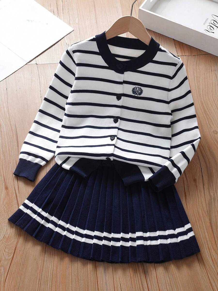 New Fashion Sweater Cardigan & Skirt 2 Pieces Set, Preppy Style For Older Tween Girl