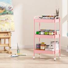 Back To School 3-Tier Metal Rolling Cart With Wheels Pink Student Dormitory Snack Study Tool Storage Cart With Handle And Lockable Universal Wheel Dormitory Must Have Artifact Kitchen Office Organizer Racks - Pink - View 2