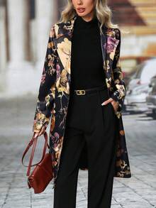 Women's Retro Floral Print Long Sleeve Blazer Jacket With Mandarin Collar, Black Base, Spring/Autumn - Multicolor - View 4