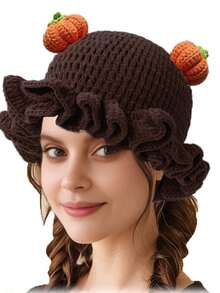 1 件男女通用手工针织无檐便帽，荷叶边渔夫帽，骷髅、南瓜、角图案，趣味角色扮演拉法帽 - 彩色 - 查看 2