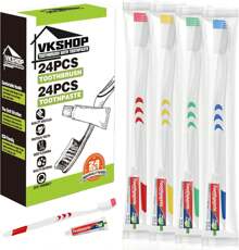 24 Individual Wrapped Travel Toothbrush Set With Toothpaste, Bulk Disposable Toothbrushes Kit,Soft Toothbrushes Adults Travel, Hotel, Business Trips,Daily Backup(White,Toothpaste 5g)