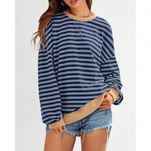 Womens Oversized Striped Sweatshirt Crewneck Long Sleeve Pullover Top Casual Y2K Spring Clothes 2026 Workout Shirt,Vacation Outfits Women,Valentine Outfits For Women,Street Photography - Blue Navy - 查看 3