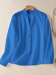女士纯色V领纽扣衬衫 - 长袖休闲优雅衬衫，带口袋设计，适合度假、旅行和日常穿着，四季必备单品，春季必备 - 藍色 - 查看 3