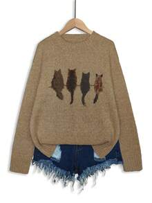 Cat Print Loose Fit Crew Neck Casual Sweater Fall - Brown - View 3