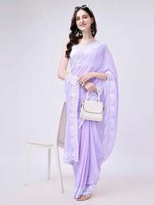 Women's Georgette Embroidery Border Work Designer Saree With Blouse Piece(Lilac) - Lila Púrpura - Ver 3