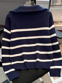 Autumn/Winter New Zipper Women Striped Knit Sweater, Fashion Minimalist Pullover, Versatile - Royal Blue - View 2