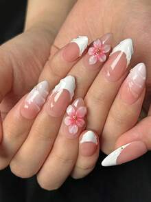 10Pcs Pure Handmade Press-On Nails, French Almond-Shaped 3D Nails, 3D Flower Nails, White French Fingertip Press-On Nails, 3D Wave Nails, Suitable For Ladies And Girls To Wear Daily Fake Nails Nail Supplies Nails Handmade Press On Nails - Pink - View 4