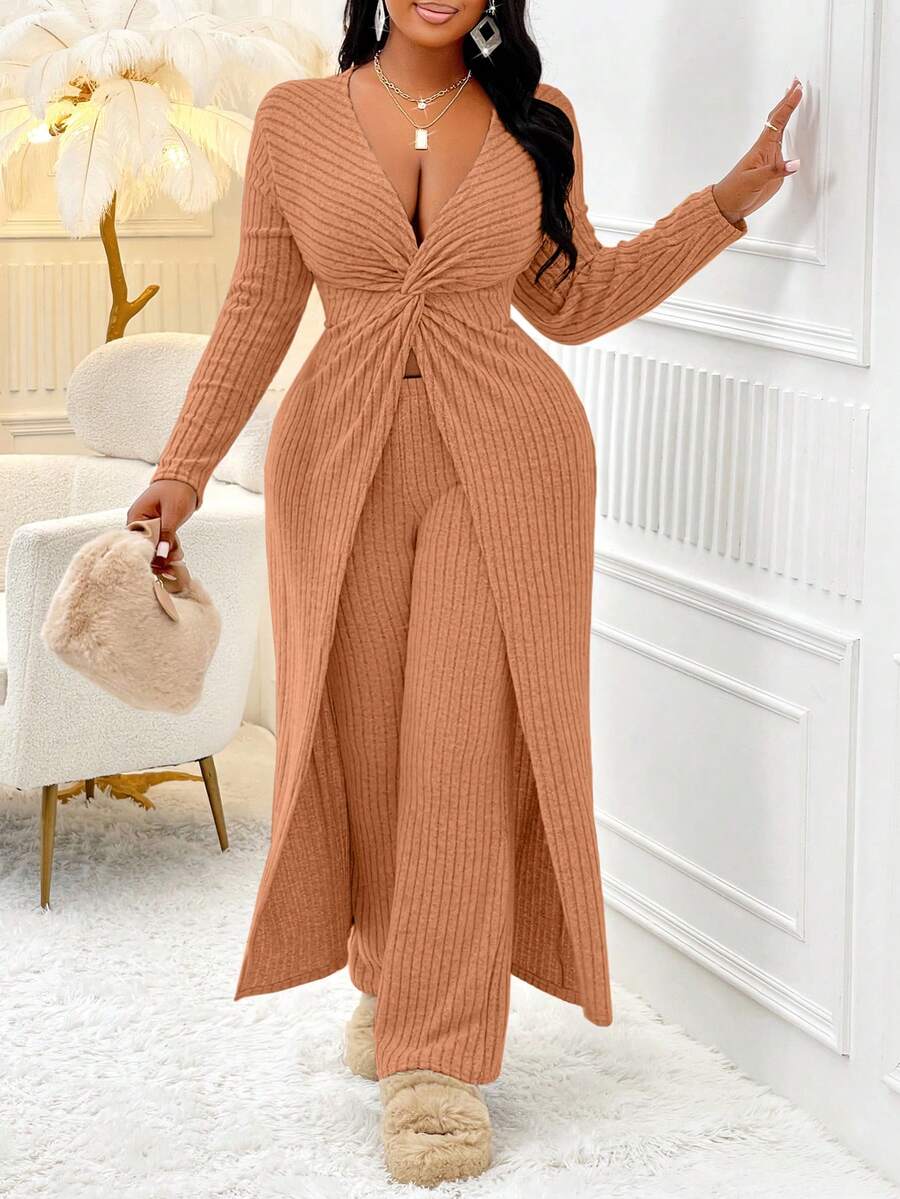 BIUBIU 秋冬针织两件套，休闲性感灰色西装，优雅居家办公服装，加大码西装 - 珊瑚橙 - 查看 1