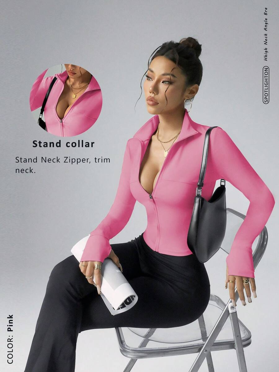 FWH 可调节高领/领口设计，专业剪裁，适合全天活动，多种运动场合，如健身/户外/瑜伽，运动时尚，可转换设计，专业运动时尚，带拇指孔训练上衣，修身拉链瑜伽外套带拇指孔，女士可转换高领训练外套粉色 - 粉色 - 查看 1