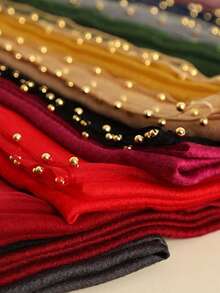 1pc Women Black Solid Faux Pearl Beaded Mulberry Silk & Wool Blend Warm Shawl, Elegant Pearl Double Row Scarf Suitable For Men/Women, Spring/Summer Travel Sun Protection, Autumn/Winter Warm Shawl Decor Accessory, Gift For Friends And Family - Black - View 3