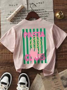 Girls "Pasta Club" Pasta Print Short Sleeve T-Shirt, Casual Round Neck Cute Food Graphic Tee For Summer, Suitable For Teens - Pink - View 3