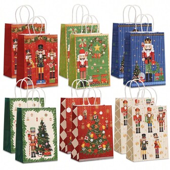 6/12/24pcs Nutcracker Theme Paper Gift Bags, Nutcracker & Christmas Tree Pattern, Multiple Colors Available (Blue, Red), Suitable For Thanksgiving, Easter, Christmas, Weddings, Bridal Showers, Baby Showers, Holiday Parties