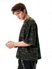 INFLATION 2025春夏新款宽松迷彩T恤，美式街头风格，男士纯棉短袖T恤，2000年代风格 - 深灰色 - 查看 4