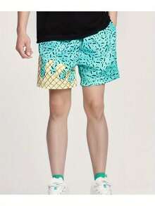 Fashion Baseball Life 101 Ice Cream Shorts - Breathable Polyester Quick-Drying Material, Machine Washable, With Pocket Drawstring, Suitable For Outdoor Sports And Casual Wear Summer Sportswear, Playful Design, Comfortable Fabric - 綠色 - 查看 2