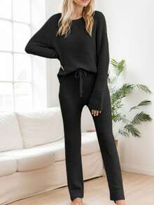 tooluck Women's Casual Pajama Set Fuzzy Fleece Knitted Long Sleeve Pj Loungewear Black - 黑色 - 查看 4