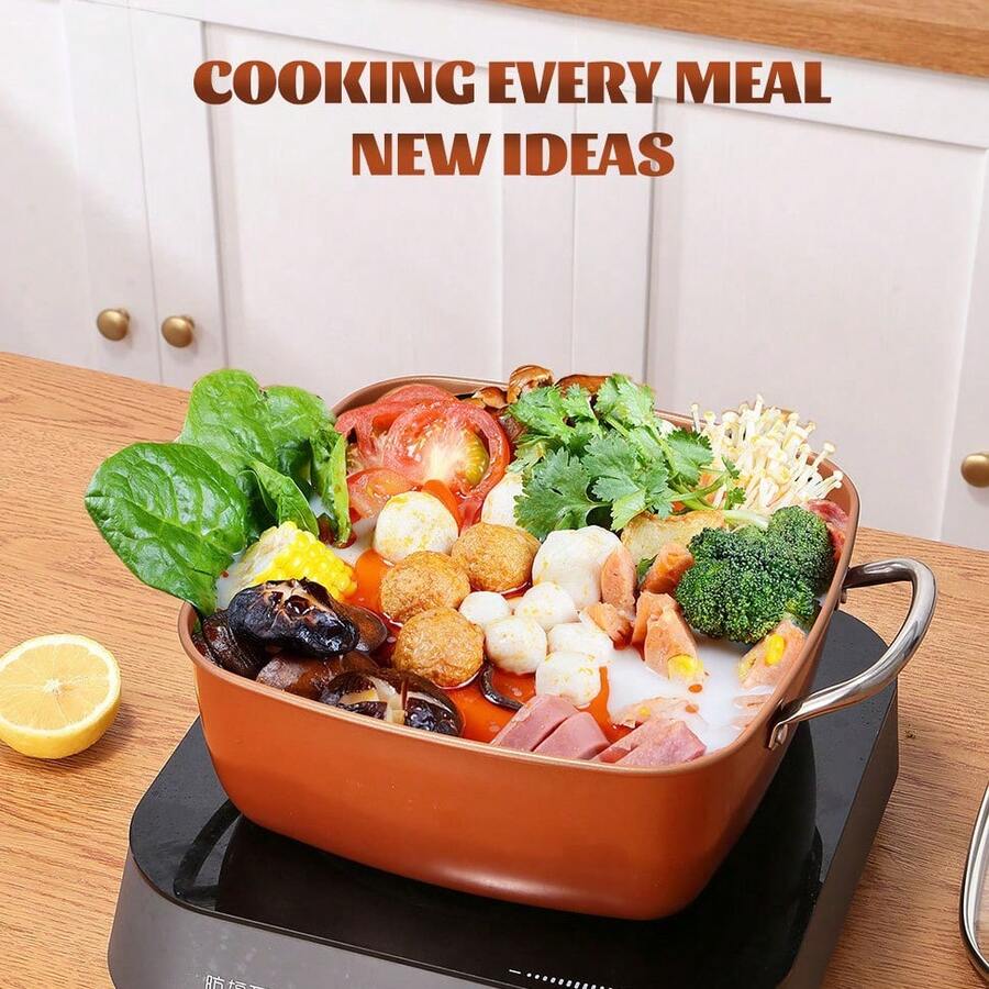 24cm Square Kitchen Fryer Non Stick Chip Pan Potato Fryer W/ Basket Cooking Pot - Orange - View 1